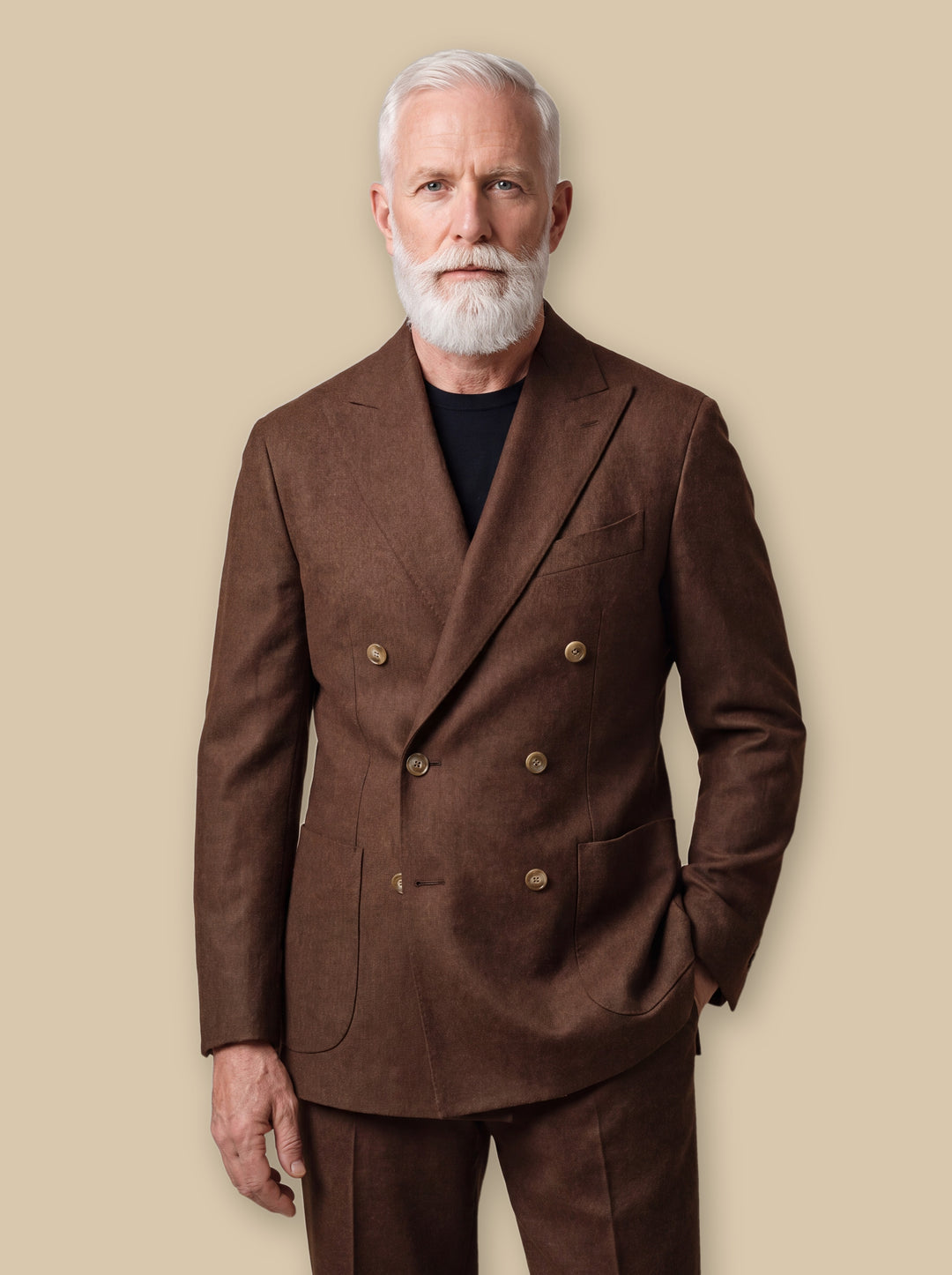Garrison two piece set in Brown, worn by a model on a warm sand studio background - Gentlemens Manor