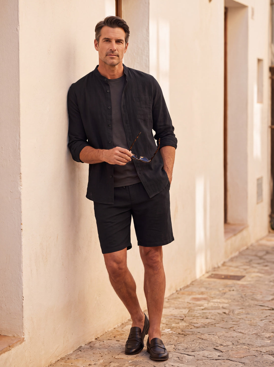 Gene Men two piece set in black, worn by a model on a Mediterranean terrace - Gentlemens Manor lifestyle