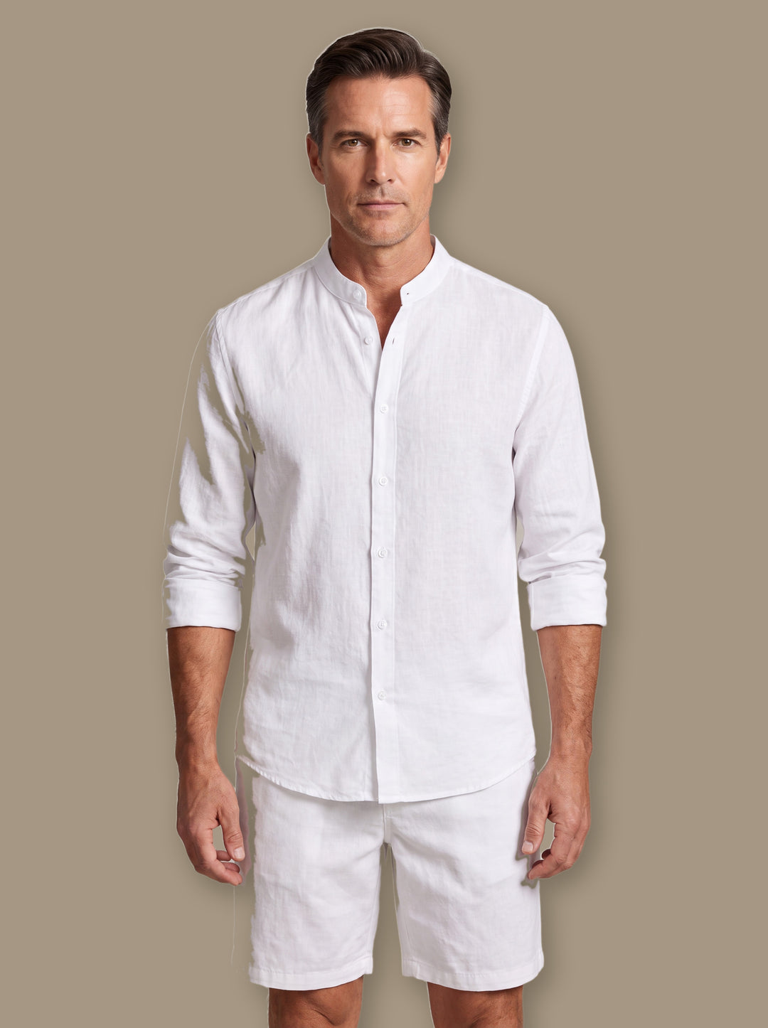 Gene two piece set in White, worn by a model on a warm taupe studio background - Gentlemens Manor