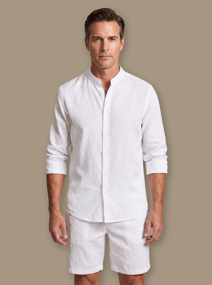 Gene two piece set in White, worn by a model on a warm taupe studio background - Gentlemens Manor