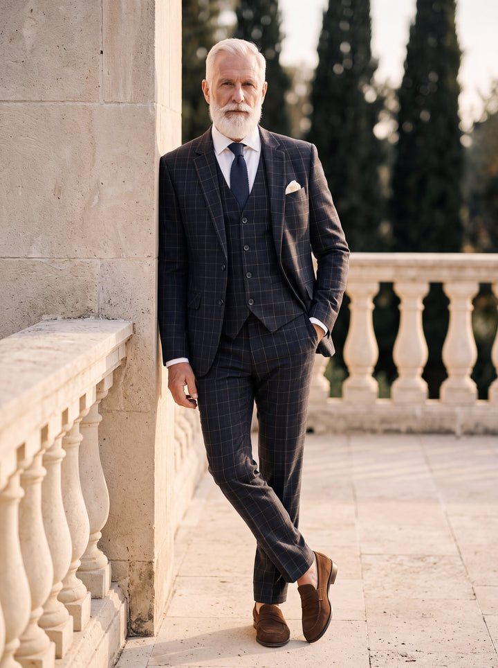 George Men three-piece suit in black, worn by a model in a Mediterranean setting - Gentlemens Manor lifestyle