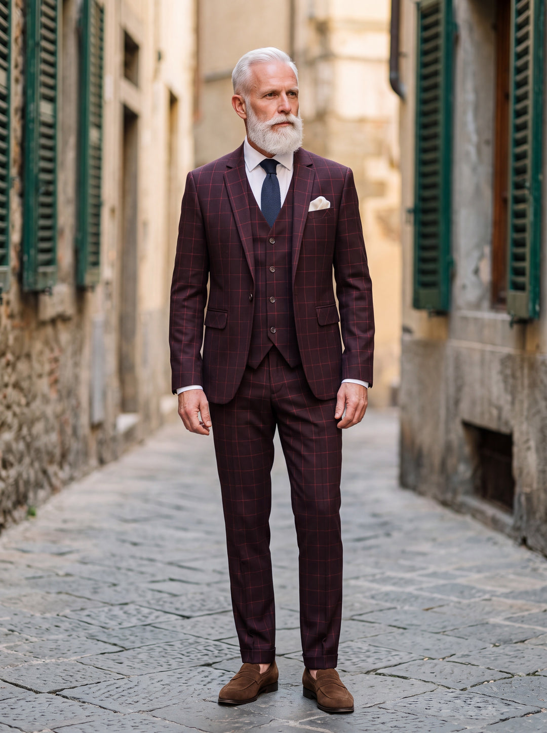 George Men three-piece suit in burgundy, worn by a model in a Mediterranean setting - Gentlemens Manor lifestyle