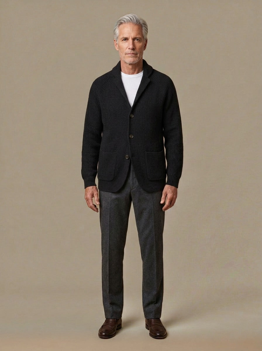 Gibson knit blazer cardigan in Black, studio, Gentlemens Manor