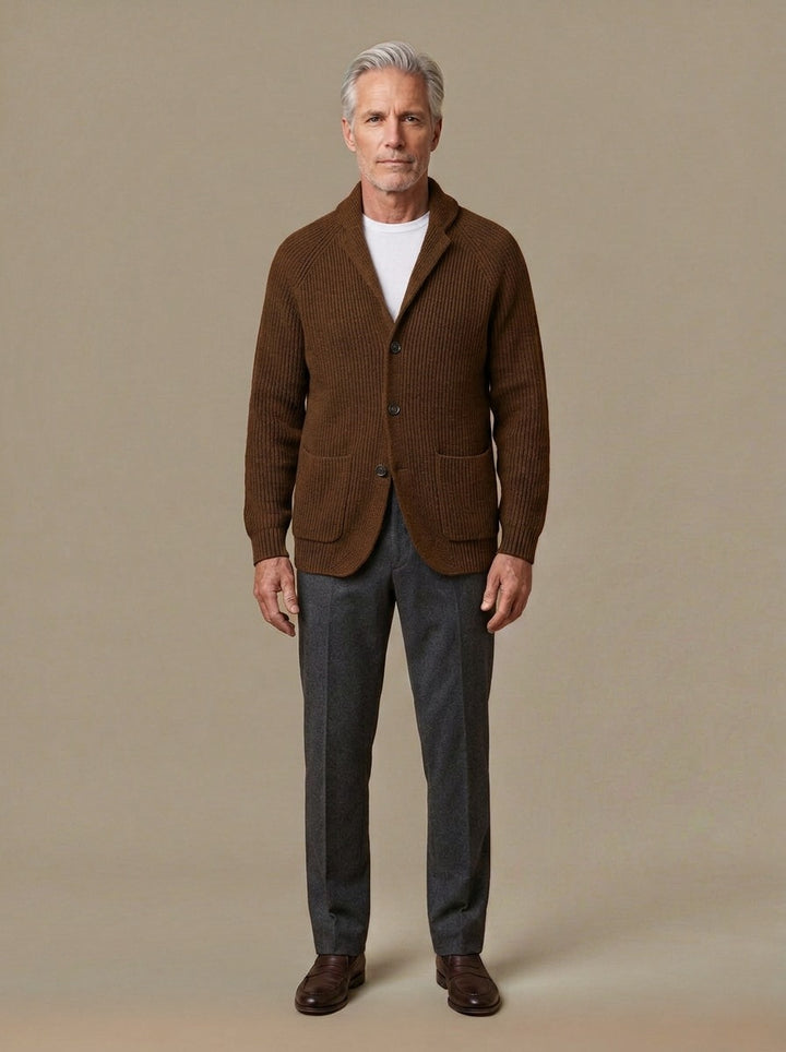 Gibson knit blazer cardigan in Brown, studio, Gentlemens Manor