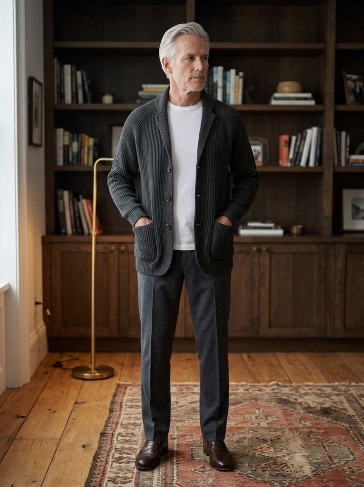 Gibson knit blazer cardigan in Charcoal, lifestyle in a private study, Gentlemens Manor