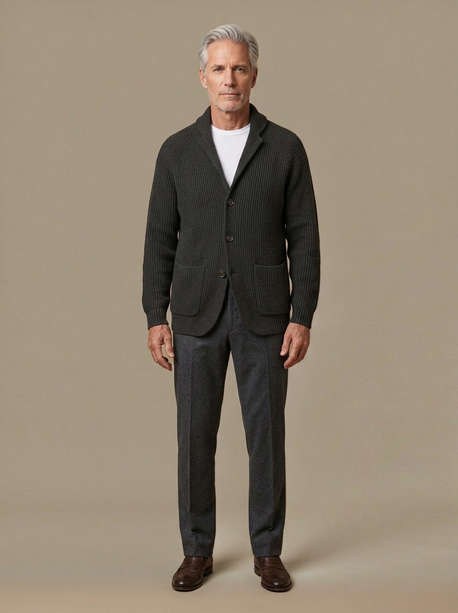 Gibson knit blazer cardigan in Charcoal, studio, Gentlemens Manor