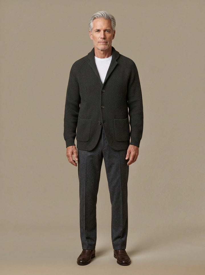 Gibson knit blazer cardigan in Charcoal, studio, Gentlemens Manor