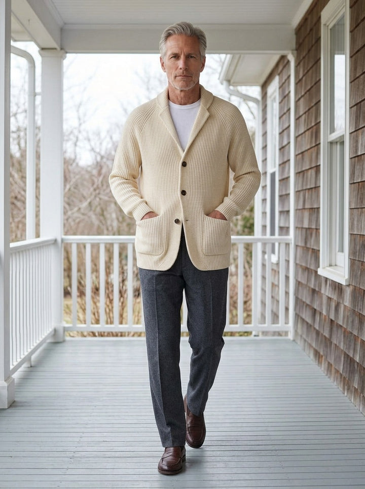 Gibson knit blazer cardigan in Cream, lifestyle on a covered porch, Gentlemens Manor