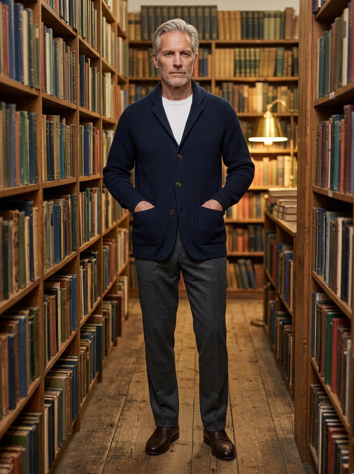 Gibson knit blazer cardigan in Navy, lifestyle in a secondhand bookshop, Gentlemens Manor