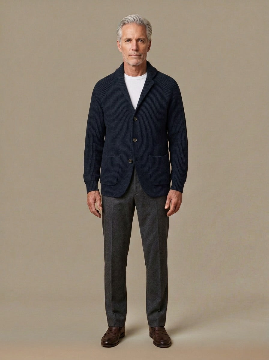 Gibson knit blazer cardigan in Navy, studio, Gentlemens Manor