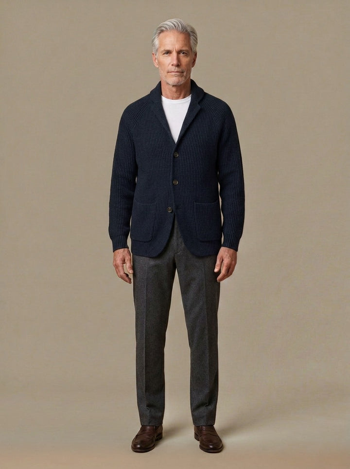Gibson knit blazer cardigan in Navy, studio, Gentlemens Manor