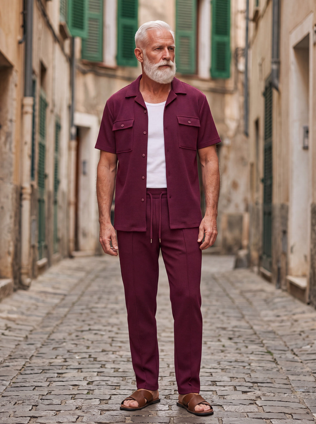 Gideon Men two-piece summer set in burgundy, worn by a model in a Mediterranean setting - Gentlemens Manor lifestyle