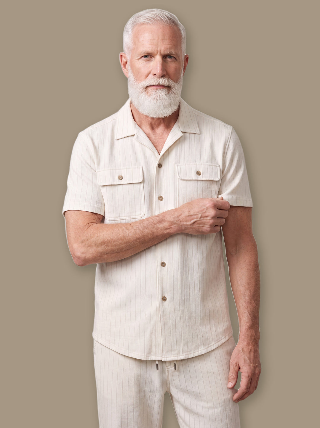 Gideon two piece set in Sand, worn by a model on a warm taupe studio background - Gentlemens Manor
