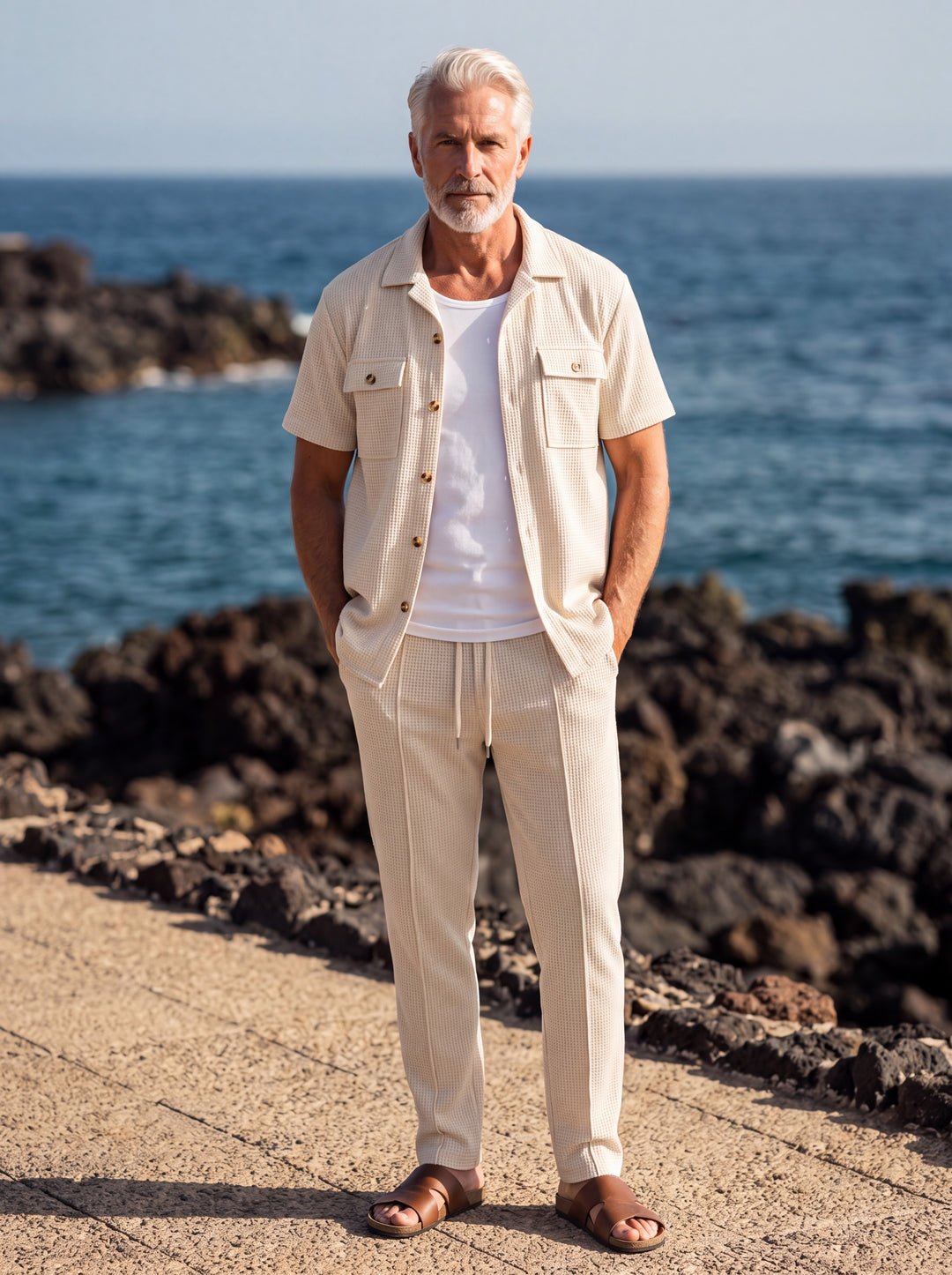 Gideon Men two-piece summer set in sand, worn by a model in a Mediterranean setting - Gentlemens Manor lifestyle
