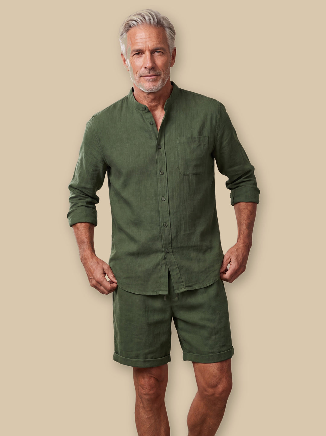 Gilbert two piece set in Olive, worn by a model on a warm sand studio background - Gentlemens Manor