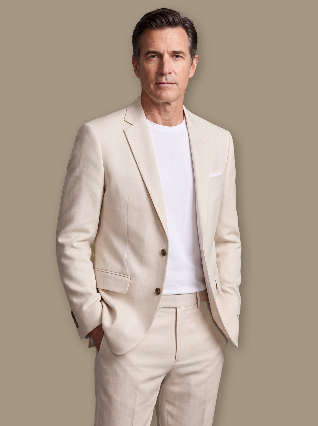 Giles blazer suit in Beige, worn by a model on a warm taupe studio background - Gentlemens Manor
