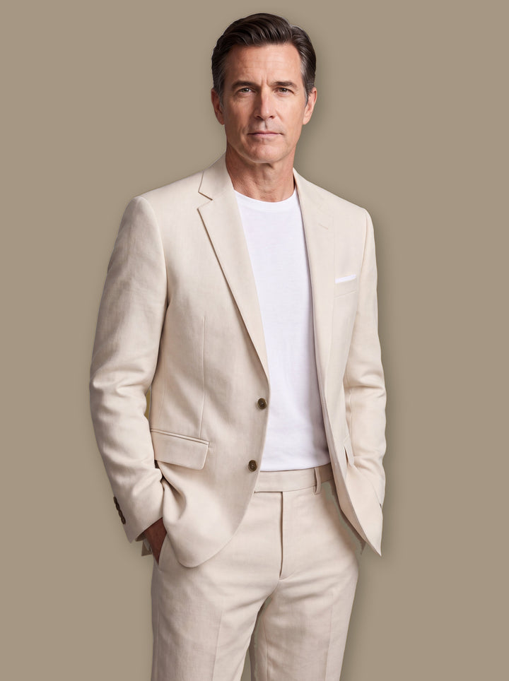 Giles blazer suit in Beige, worn by a model on a warm taupe studio background - Gentlemens Manor