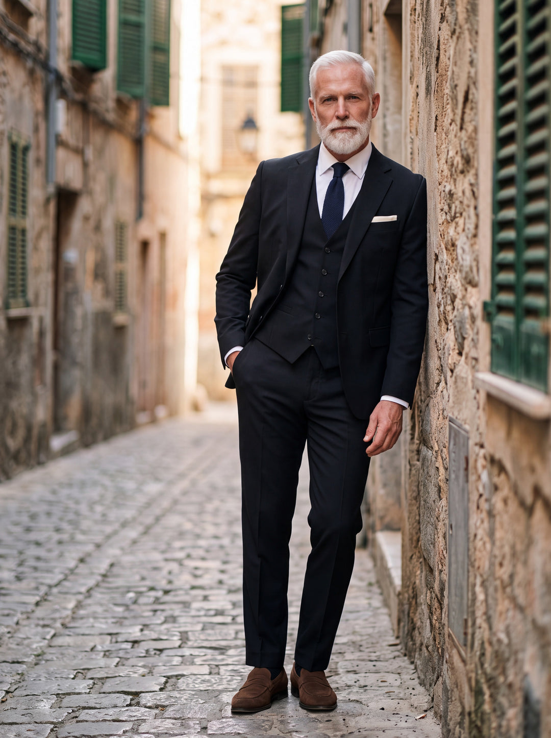 Giles Men three-piece suit in black, worn by a model in a Mediterranean setting - Gentlemens Manor lifestyle