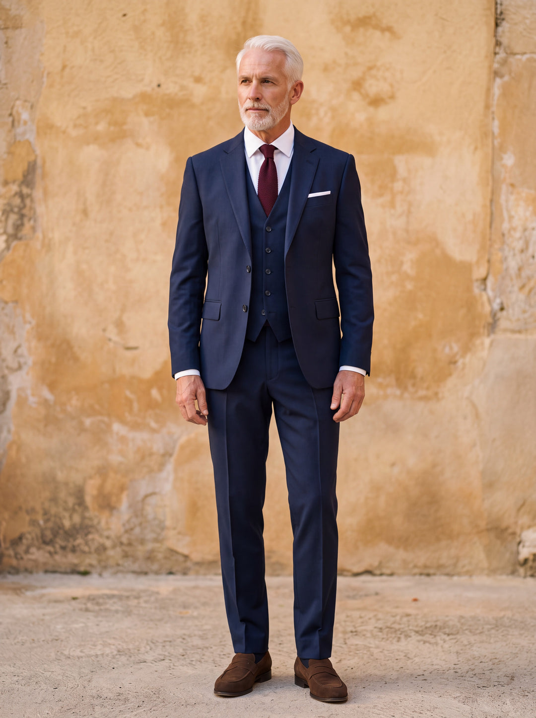 Giles Men three-piece suit in navy, worn by a model in a Mediterranean setting - Gentlemens Manor lifestyle