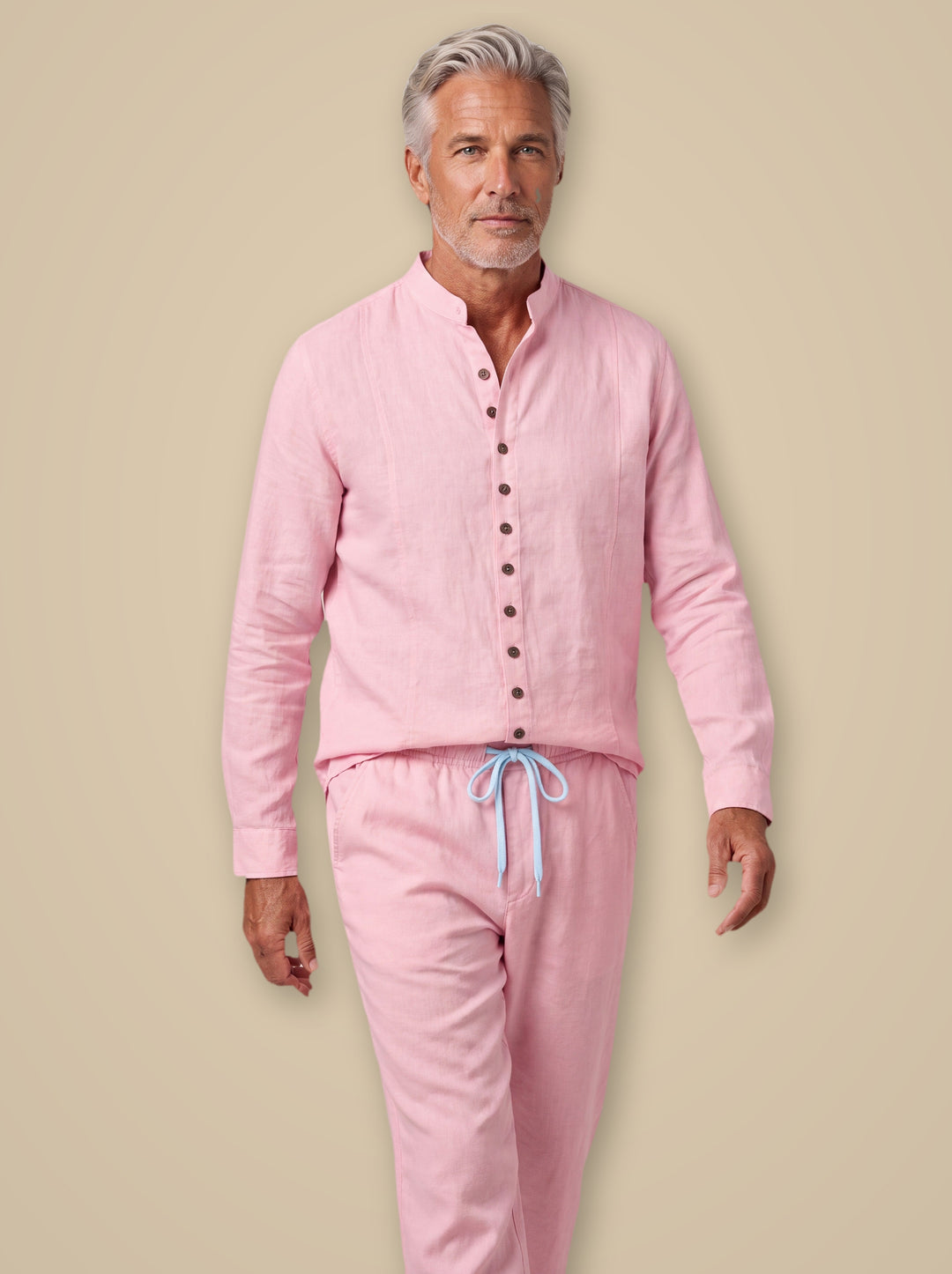 Glenn two piece set in White, worn by a model on a warm taupe studio background - Gentlemens Manor