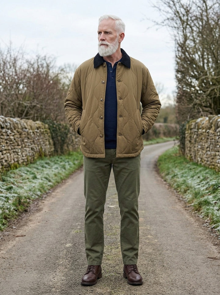 Glover quilted corduroy collar jacket in Brown, lifestyle on a country lane, Gentlemens Manor
