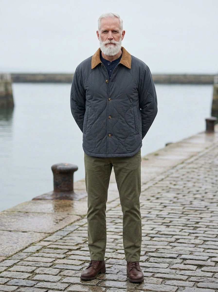 Glover quilted corduroy collar jacket in Charcoal, lifestyle on a stone harbor quay, Gentlemens Manor