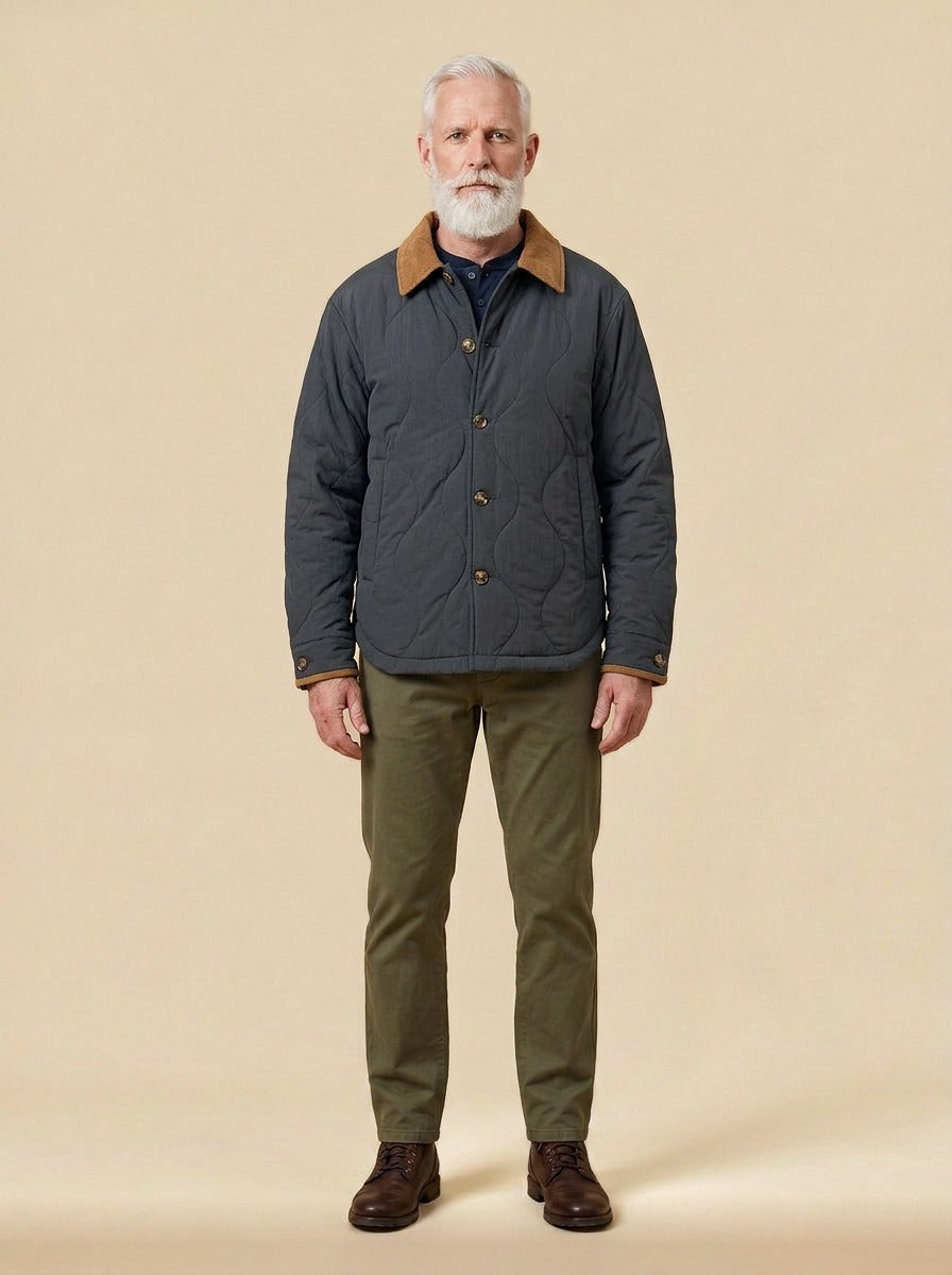 Glover quilted corduroy collar jacket in Charcoal, studio, Gentlemens Manor
