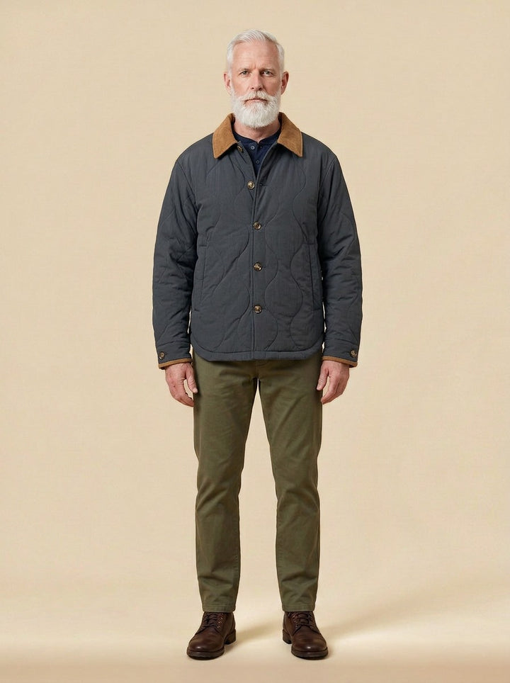 Glover quilted corduroy collar jacket in Charcoal, studio, Gentlemens Manor