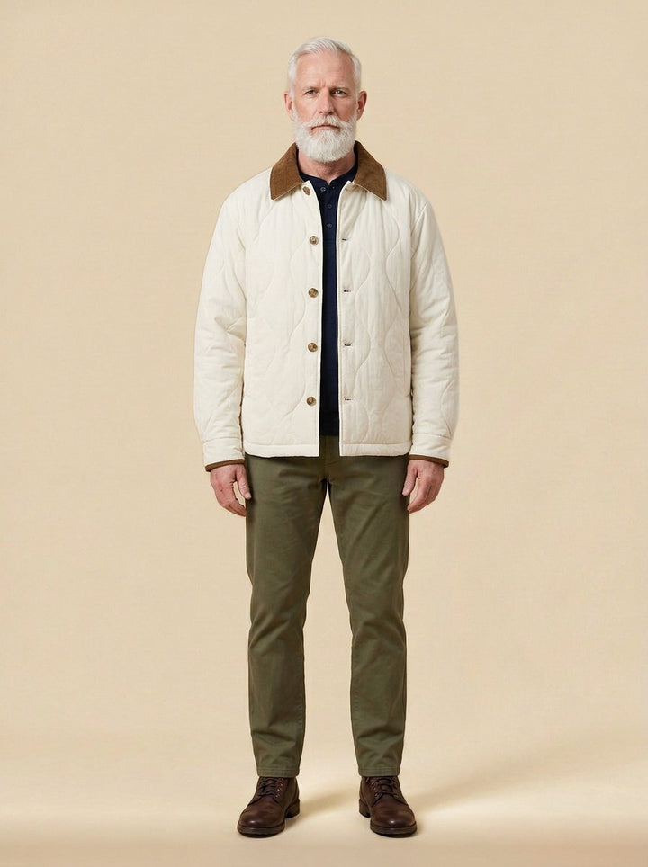 Glover quilted corduroy collar jacket in Cream, studio, Gentlemens Manor