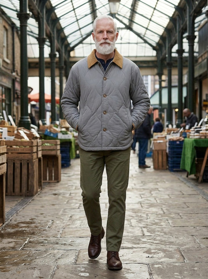Glover quilted corduroy collar jacket in Grey, lifestyle in a covered market hall, Gentlemens Manor
