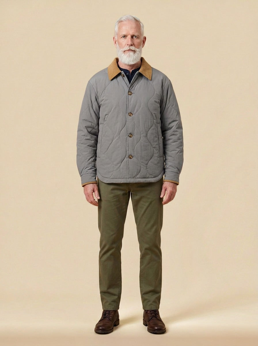 Glover quilted corduroy collar jacket in Grey, studio, Gentlemens Manor