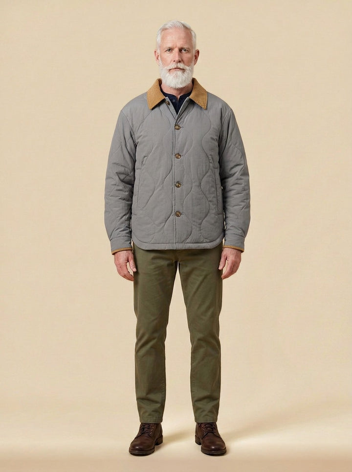 Glover quilted corduroy collar jacket in Grey, studio, Gentlemens Manor