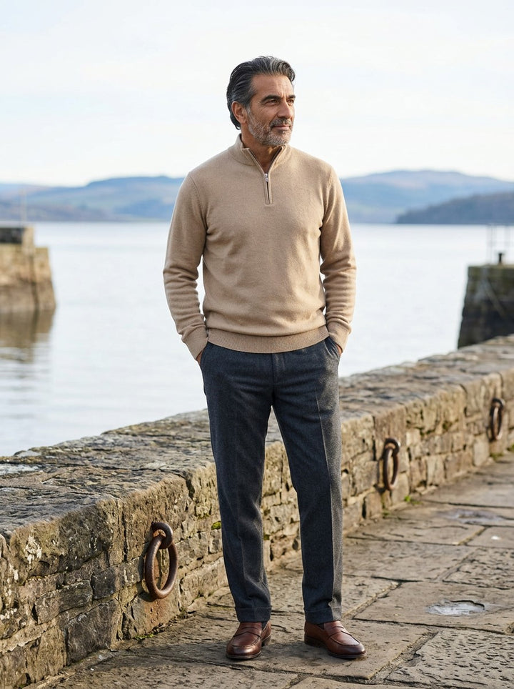 Godfrey half zip sweater in Beige, lifestyle, Gentlemens Manor