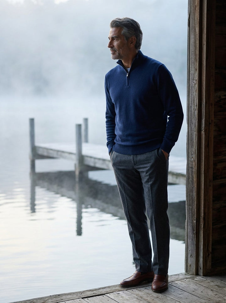 Godfrey half zip sweater in Navy, lifestyle, Gentlemens Manor