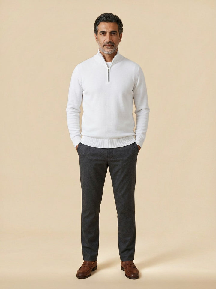 Godfrey half zip sweater in White, studio, Gentlemens Manor