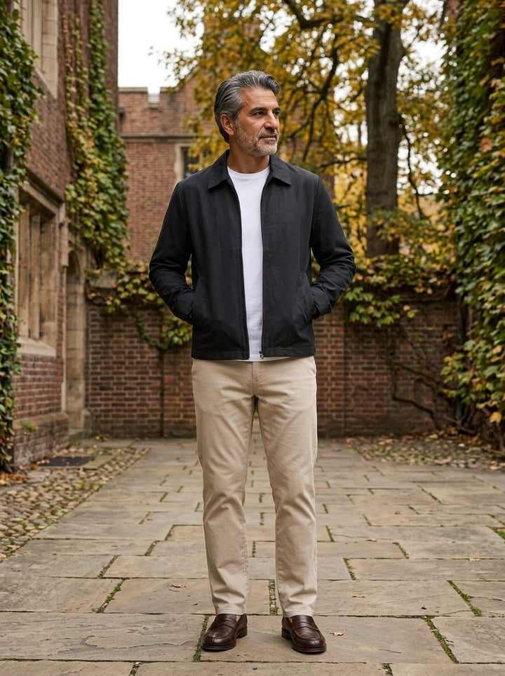 Goodwin jacket in Black, lifestyle in a brick college courtyard, Gentlemens Manor