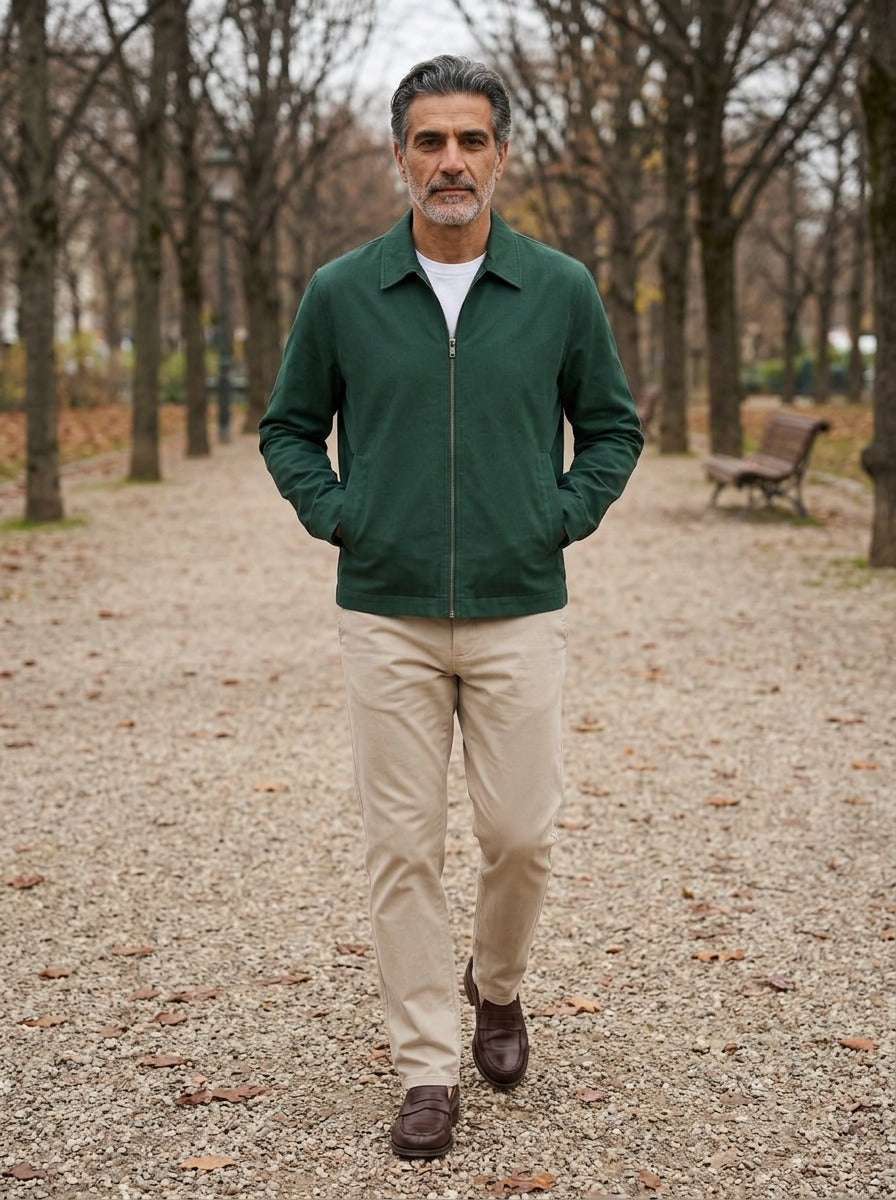 Goodwin jacket in Green, lifestyle on a park path, Gentlemens Manor
