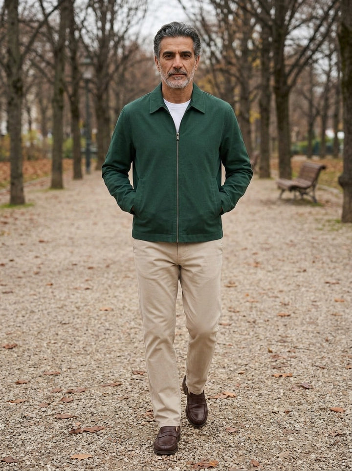 Goodwin jacket in Green, lifestyle on a park path, Gentlemens Manor
