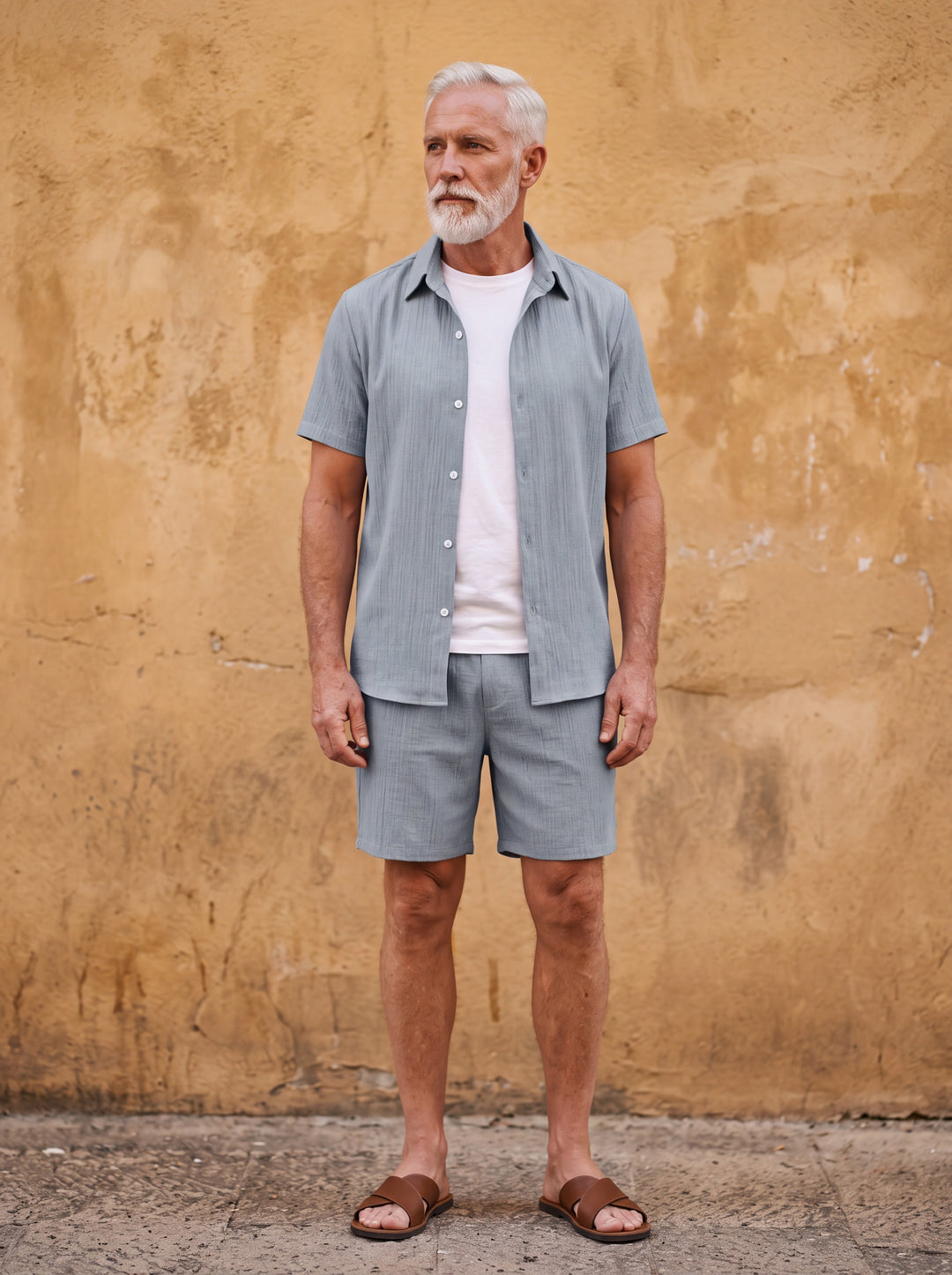 Gordon Men two-piece summer set in grey, worn by a model in a Mediterranean setting - Gentlemens Manor lifestyle
