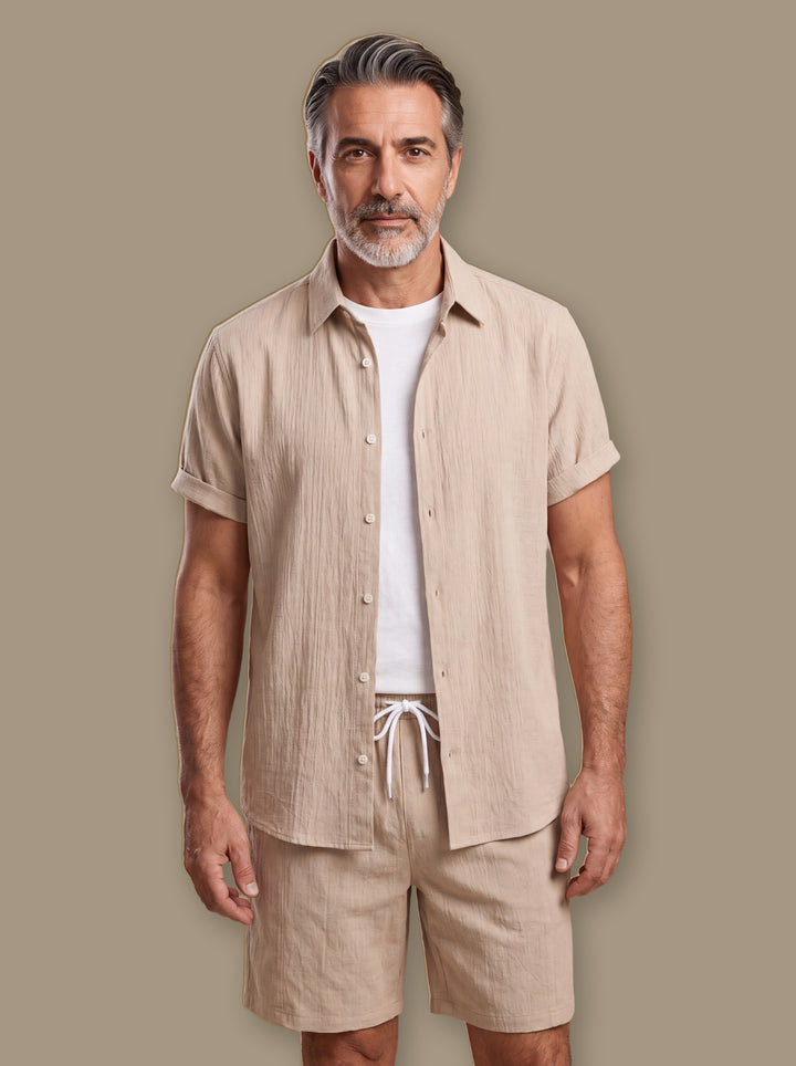 Gordon two piece set in Sand, worn by a model on a warm taupe studio background - Gentlemens Manor