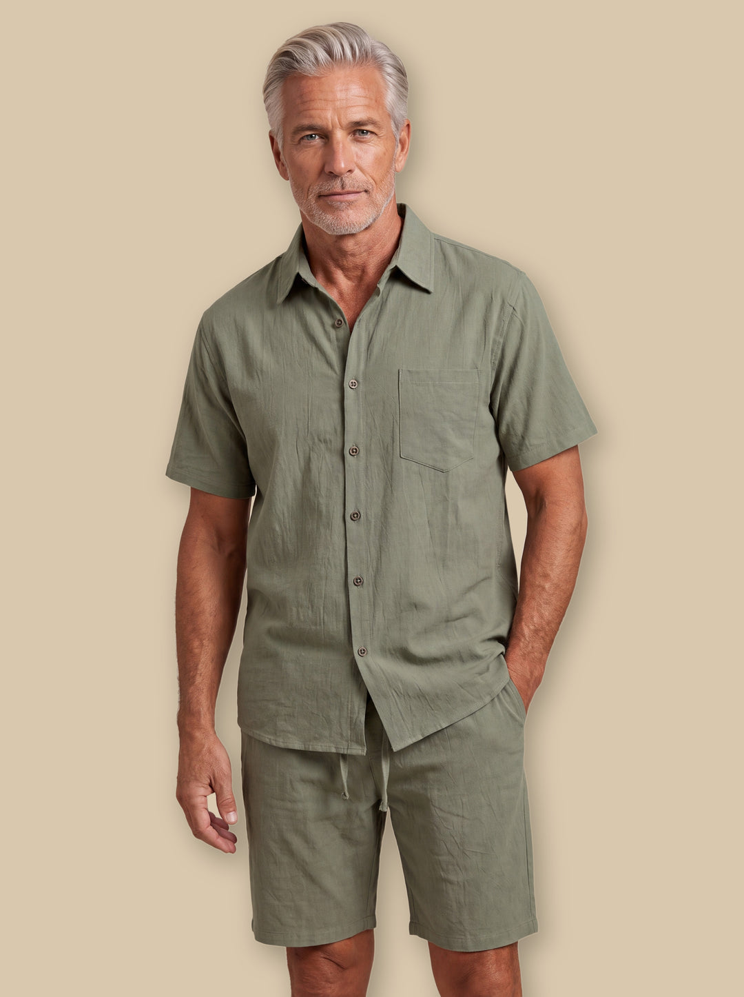 Grady two piece set in Green, worn by a model on a warm sand studio background - Gentlemens Manor