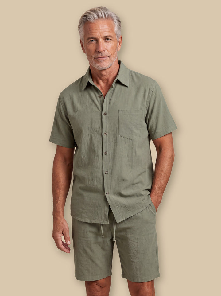 Grady two piece set in Green, worn by a model on a warm sand studio background - Gentlemens Manor