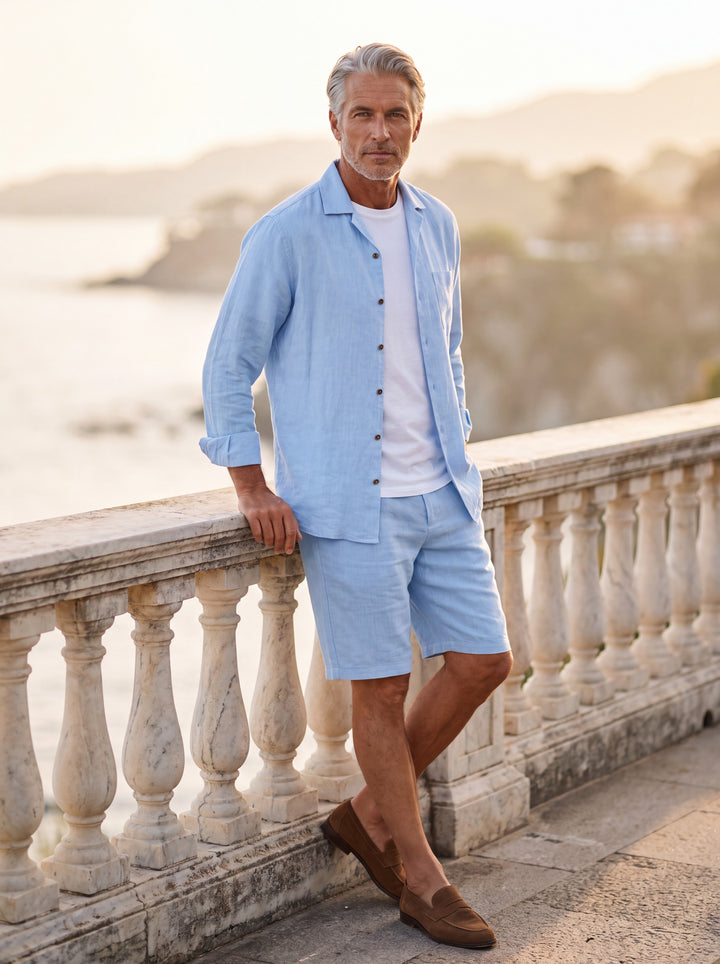 Grady Men two piece set in light blue, worn by a model on a Mediterranean terrace - Gentlemens Manor lifestyle