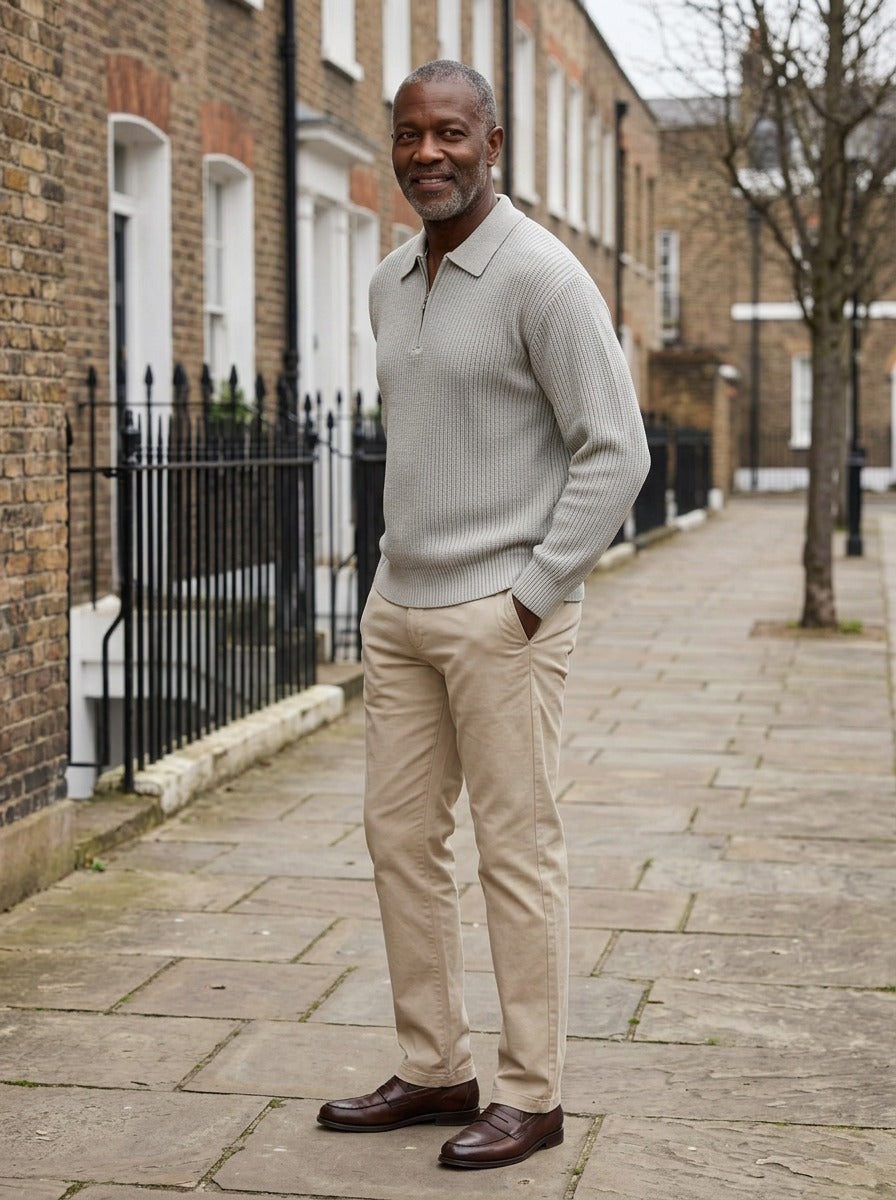 Grafton half zip sweater in Light Grey, lifestyle on a street of brick row houses, Gentlemens Manor