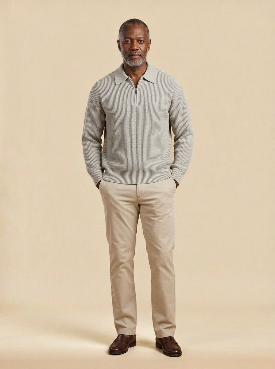 Grafton half zip sweater in Light Grey, studio, Gentlemens Manor