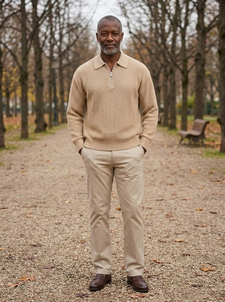 Grafton half zip sweater in Sand, lifestyle on a park path, Gentlemens Manor