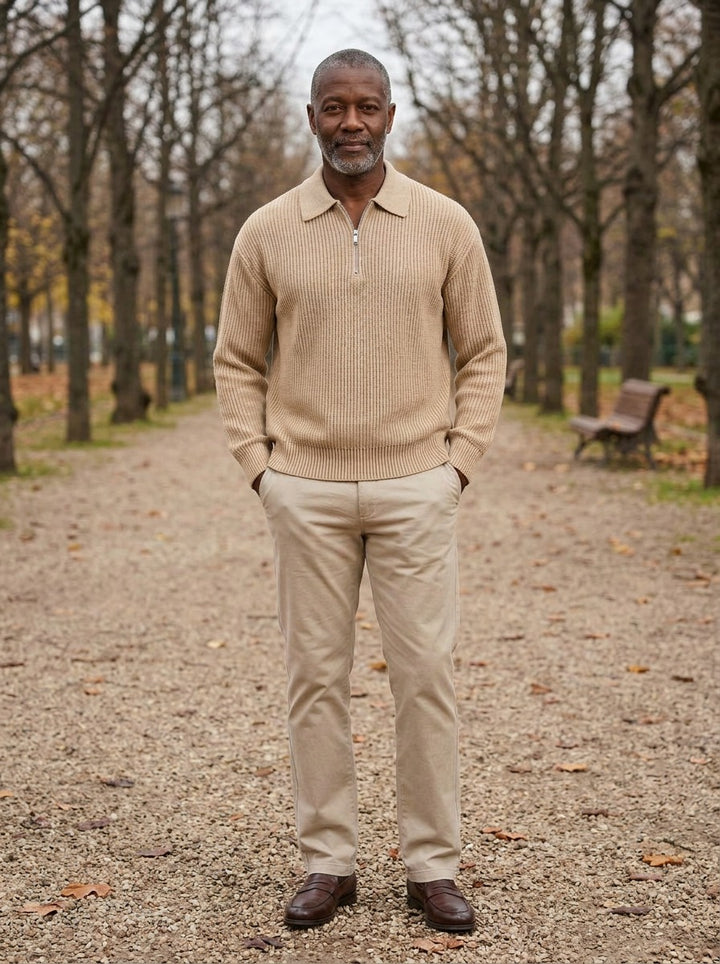 Grafton half zip sweater in Sand, lifestyle on a park path, Gentlemens Manor