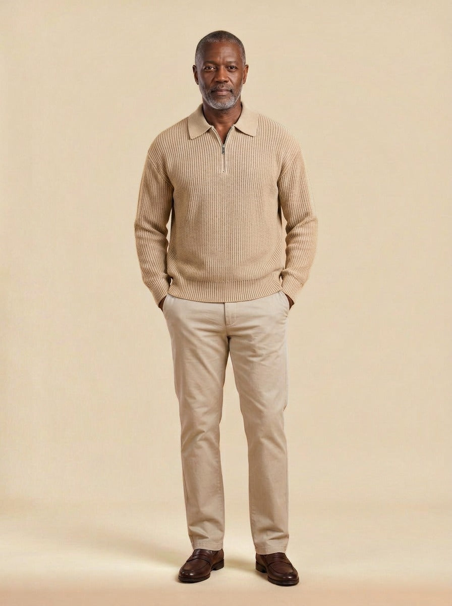 Grafton half zip sweater in Sand, studio, Gentlemens Manor