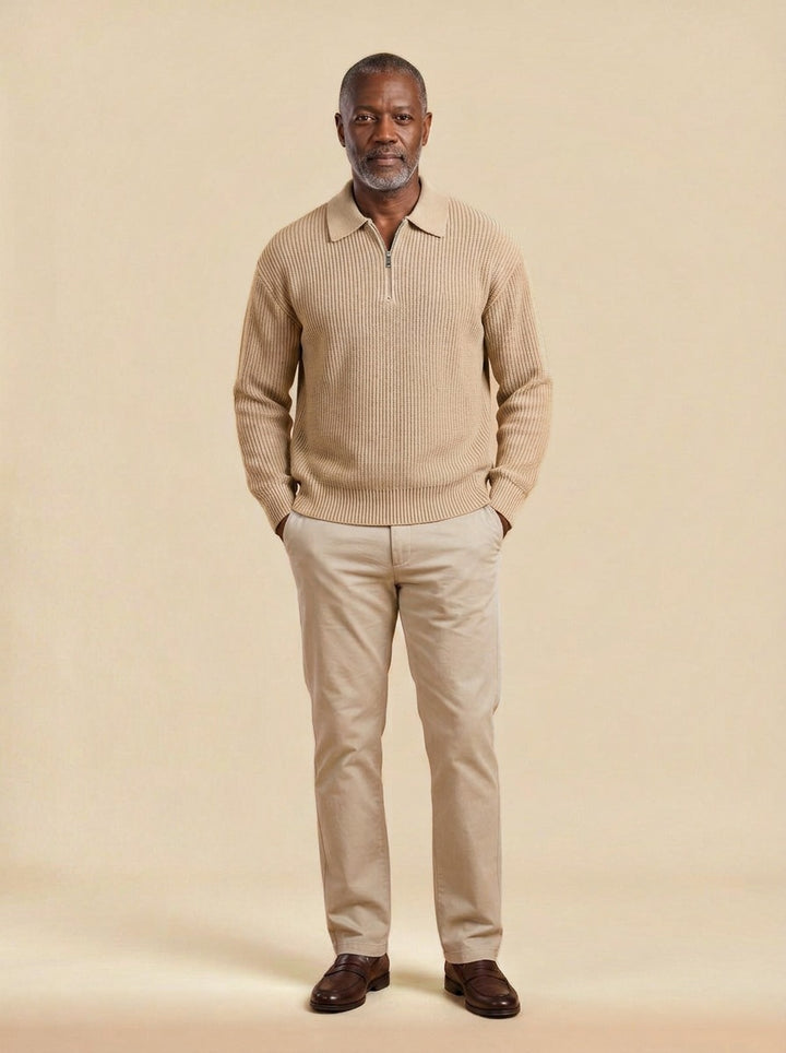 Grafton half zip sweater in Sand, studio, Gentlemens Manor