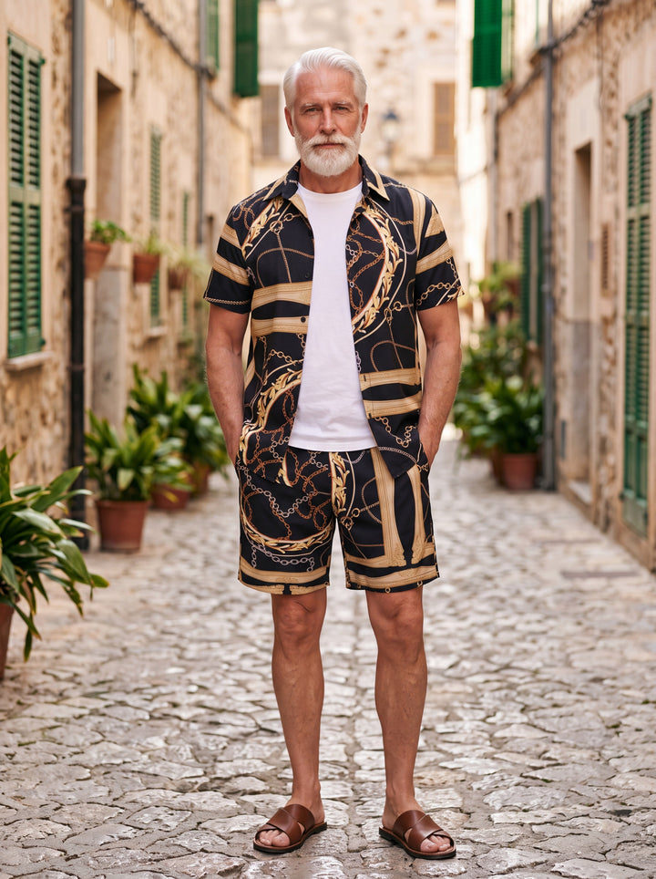 Graham Men two-piece summer set in black, worn by a model in a Mediterranean setting - Gentlemens Manor lifestyle